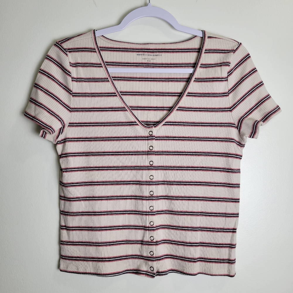 AMERICAN EAGLE Soft & Sexy Rip Cropped V Neck Bodycon Baby Tee L